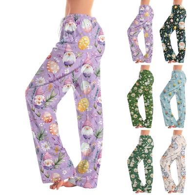 Calças retas casuais estampadas de ovo de Páscoa femininas Calças casuais para casa