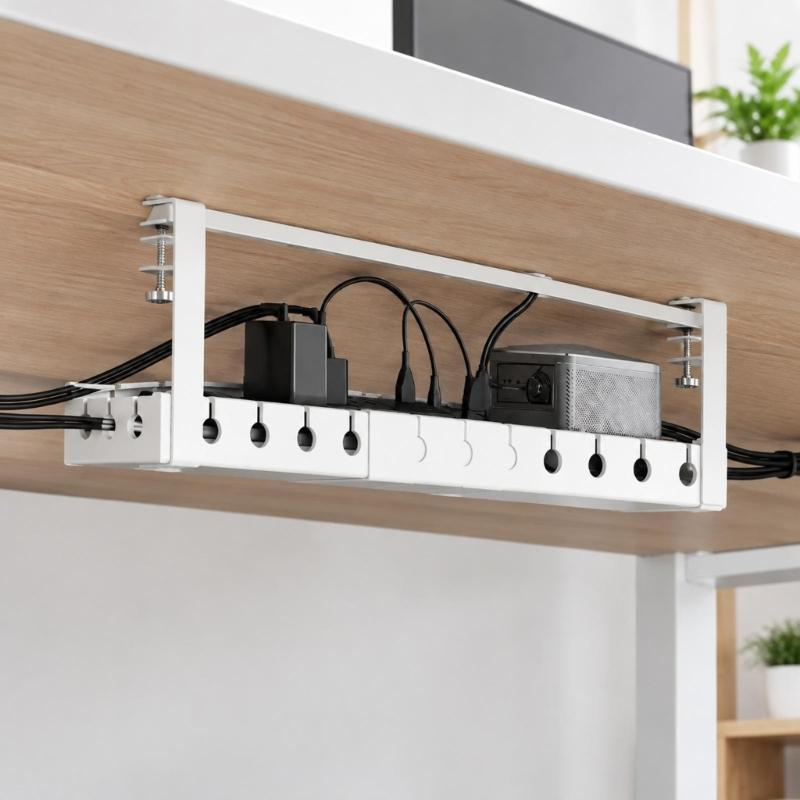 Under-Desk Cable Management Tray in Carbon Steel with Two Edge Clamps and Open Access, Extendable Power Strips Cord Holder for Stored Power