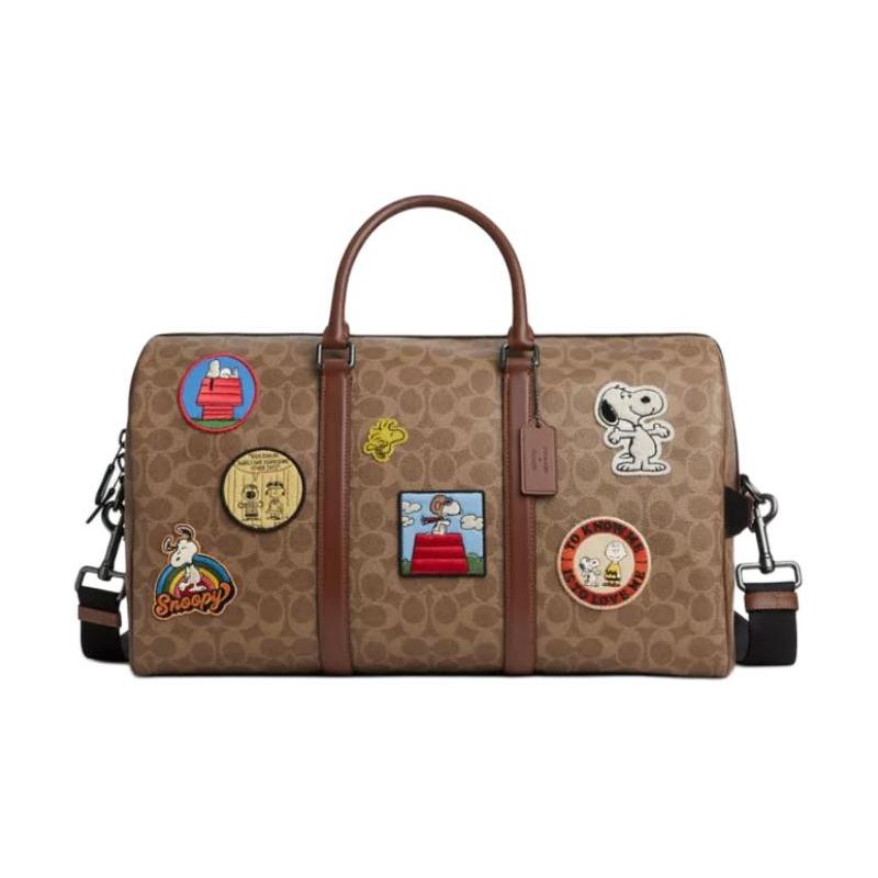 

COACH PEANUTS joint model Signature 45 Ventura brand logo coated canvas and leather Boston bag shoulder crossbody hand travel bag women s tan коричневий