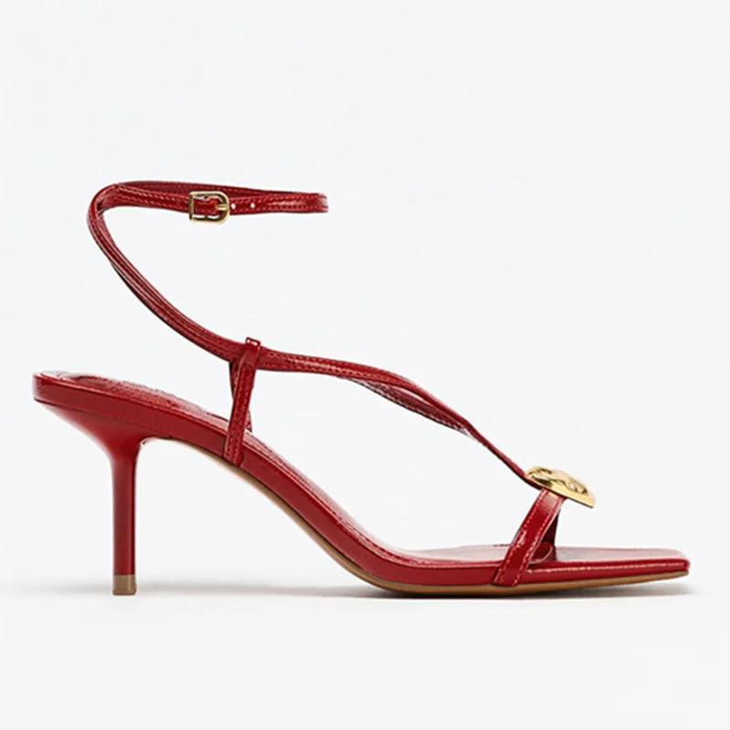 Fashion Summer Sexy Square Toe Metal Buckle Designer Thin High Heels Women Red Ankle-Wrap High Heeled Sandals Luxury Wedding Bridal Shoe