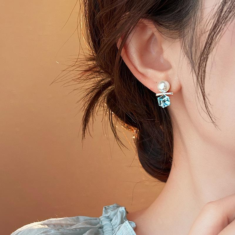 Exquisite Blue Cube Sugar Pearl Stud Earrings: Fresh, Unique, Versatile Luxury Fashion for Women