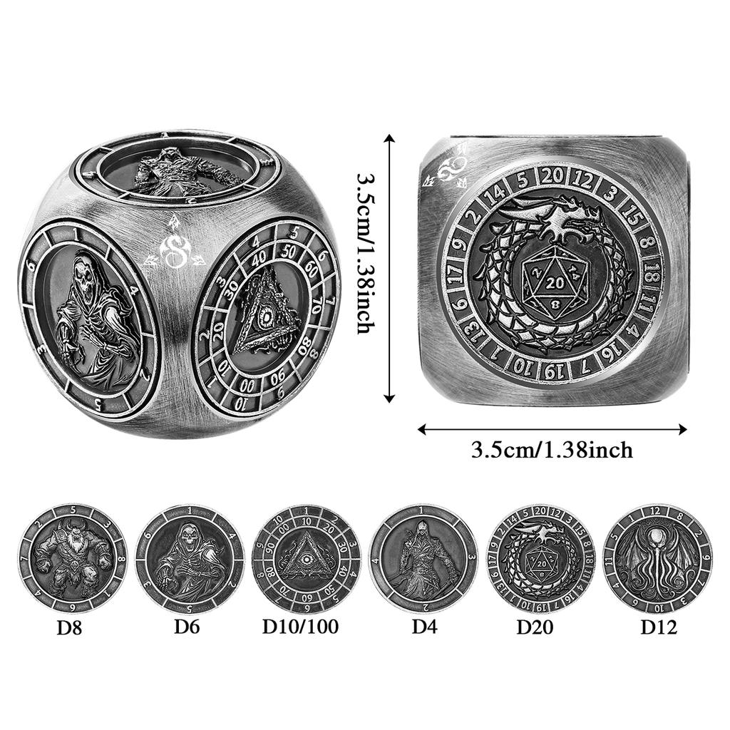 Partygeschenk Sechs-in-Eins Metall Drehende Würfel RPG Rollenspiel mit Sechs Verschiedenen Mustern Drehbarer Würfel D4/D6/D8/D10/D12/D20