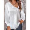 Spring and Autumn Women's Blouse Simple Pleated Blouse V-neck Button Solid Colour Long Sleeve Top