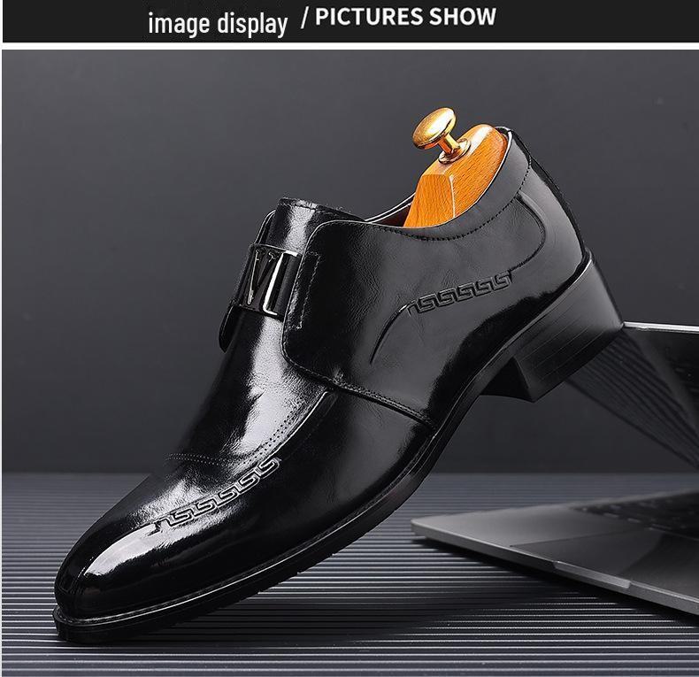 Men's Formal High-End Cowhide Leather Slip-On Shoes with Automatic Buckle and Breathable Pointed Toe Design