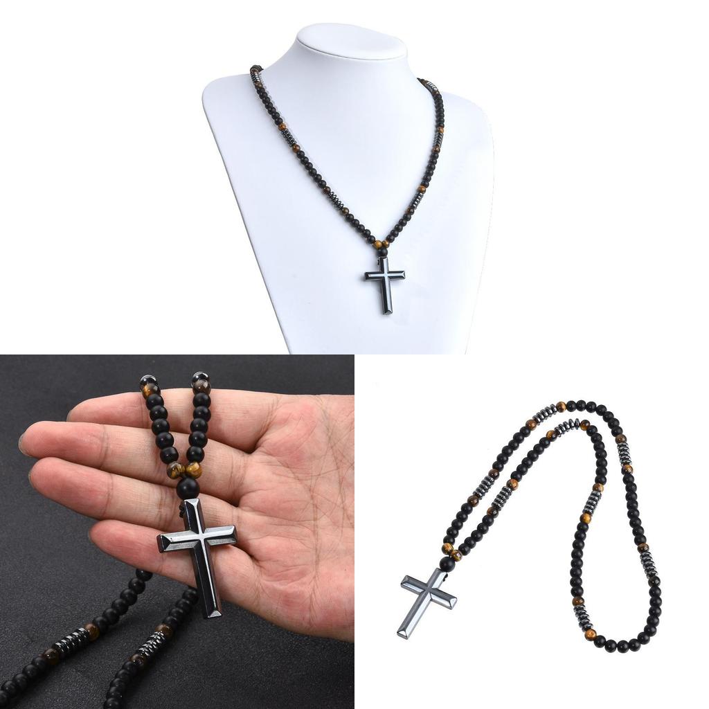 Obsidian Tiger Eye Hematite Cross Beaded Necklace For Men Fashion Accessory