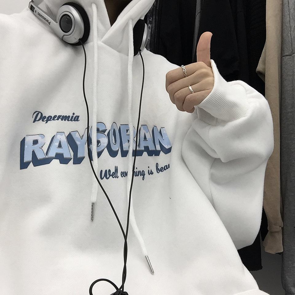 Ladies Letter Print Hooded Hoodie Women's Autumn Winter New Loose Oversize Plush Sweatshirt Pullover Tops for Couple Outfit