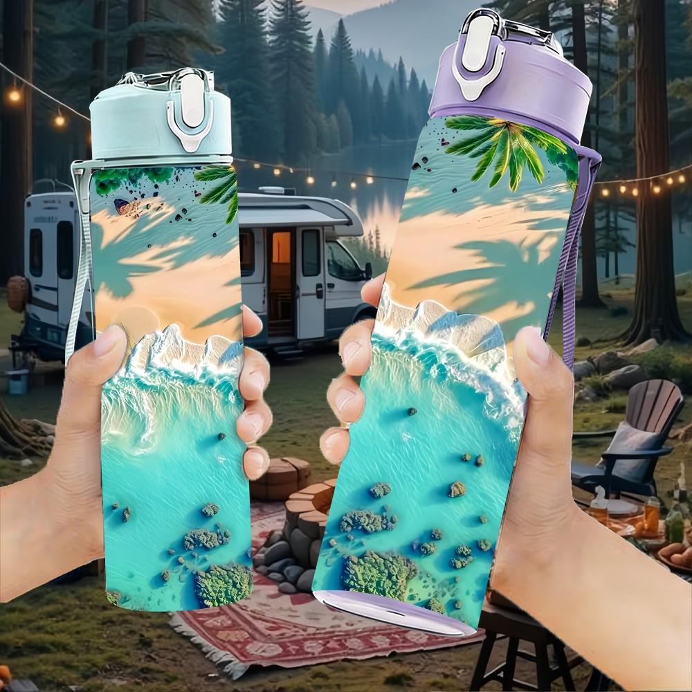 1PC Tropical Beach Ocean Lagoon Scenery Painting 750ml Color Plastic Sports Water Bottle Leakproof Flip Straw Lid Suitable for Sports Office Home Use
