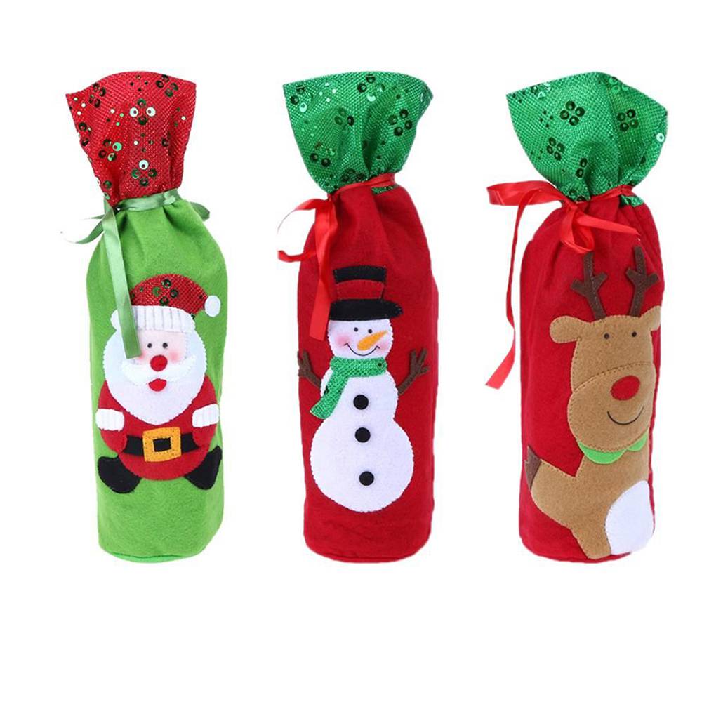 Hochwertige Weihnachts-Weinflaschenhülle aus Vliesstoff mit Kordelzug und Pailletten, Schneemann, Hirsch, Weihnachtsschmuck, Navidad-Flaschenhülle