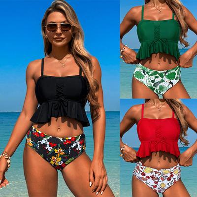Dámské letní dvoudílné bikiny sady top na špagetová ramínka a potištěné šortky dámské plážové dámské plavky
