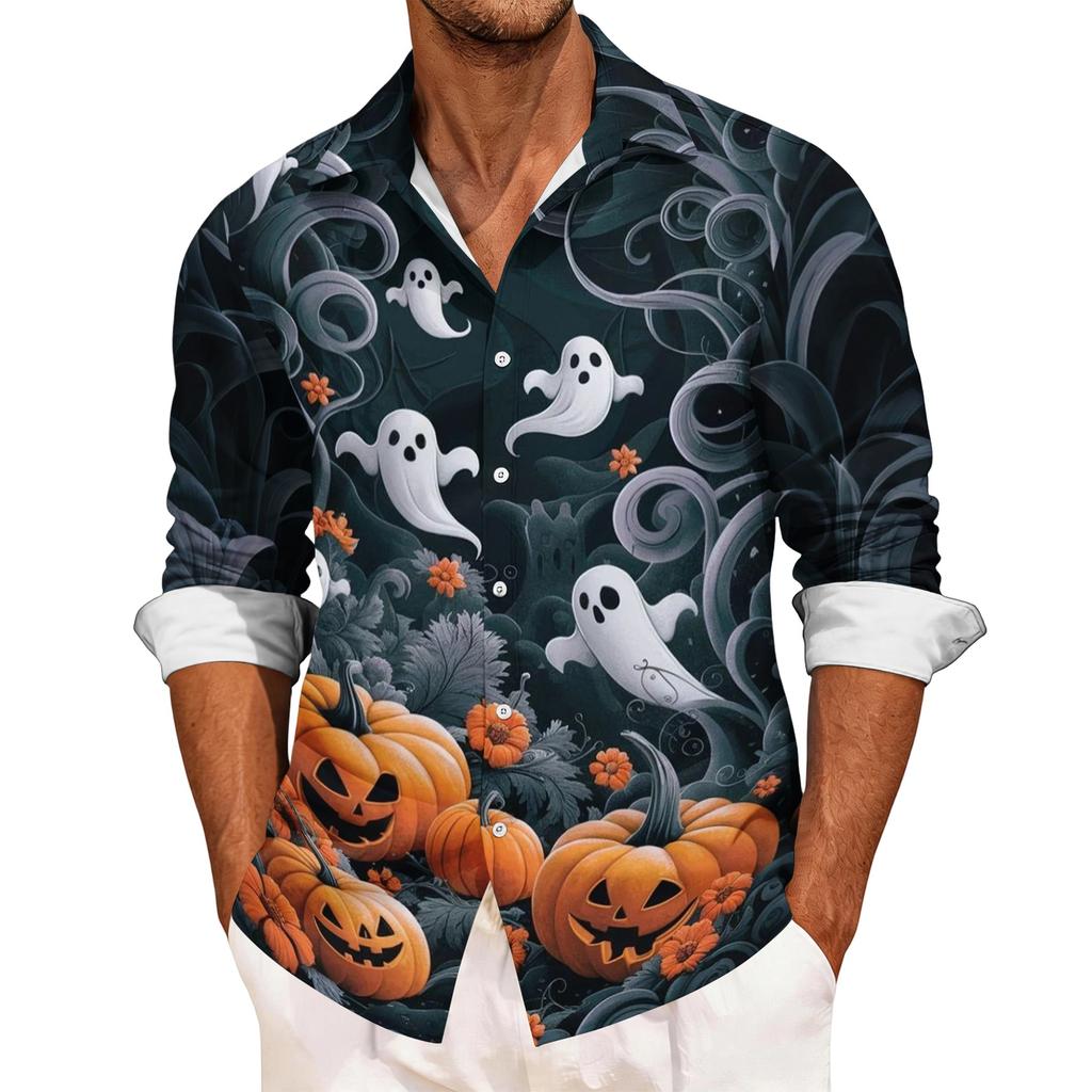 Men's Casual Long Sleeve Halloween Print Shirt Button Down Collar Relaxed Fit Lightweight Breathable Fabric Casual Sport Shirt