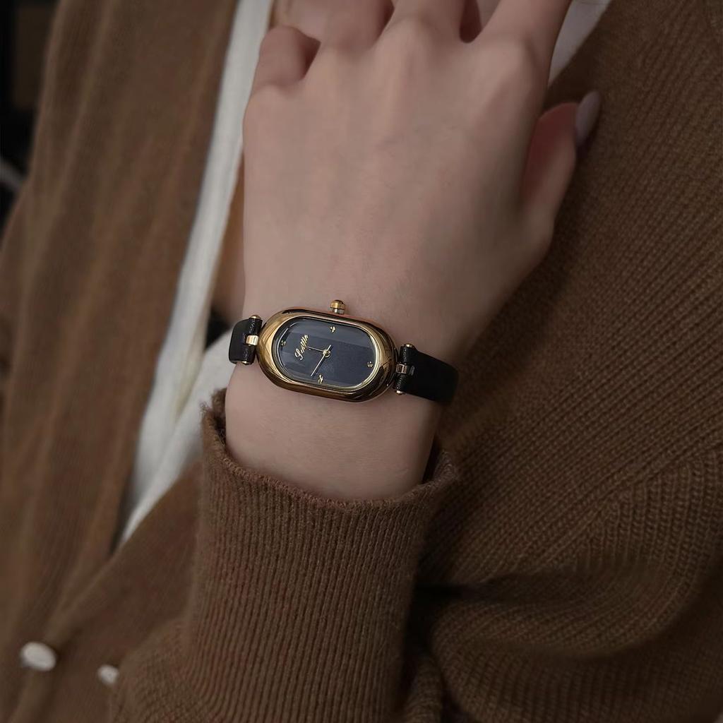 Light Luxury Fashion Women's Watch Original Brands Black Gold Oval Workplace Commuting Genuine Leather Women's Watches Gift