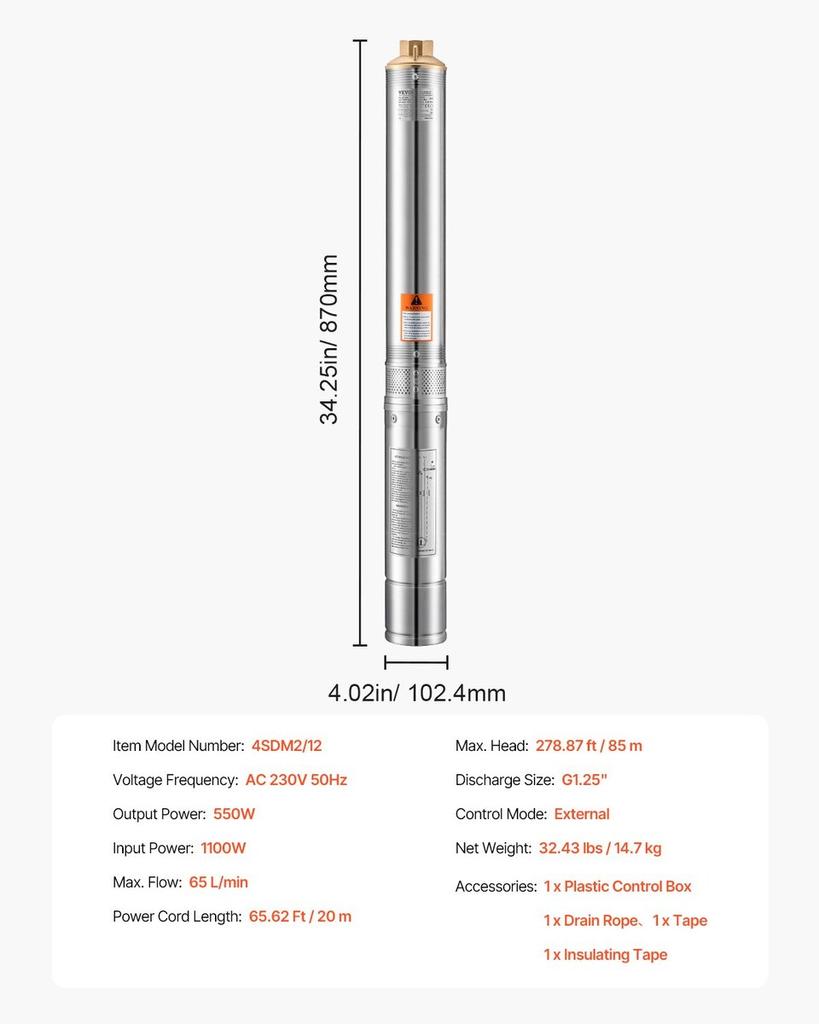 Pompa Sommergibile per Pozzi Profondi Pompa dell'Acqua in Acciaio Inossidabile Potenza di Ingresso 1100W, Prevalenza Massima 279ft, Portata 65l/min Con Scatola di Controllo Esterna per