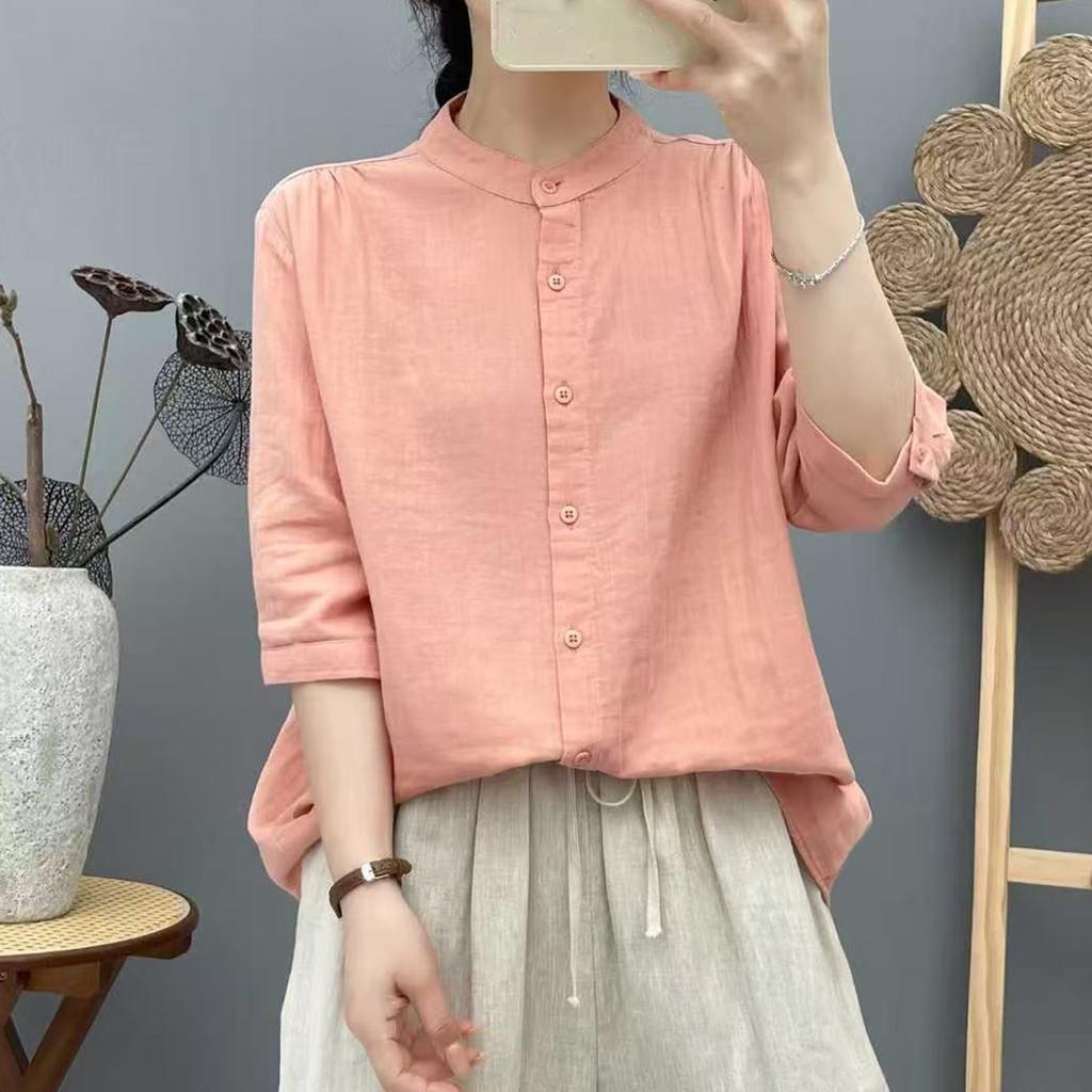 Women's Fashionable Casual Oversized Double-Layer Cotton Yarn Stand Collar Shirt With Mid-Length Sleeves In  Colour Top