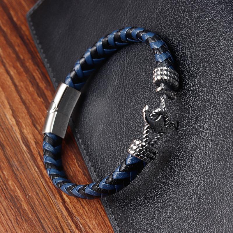European and American Men's Titanium Steel Bracelet Cowhide Woven Anchor Leather Bracelet Leather Rope 2026