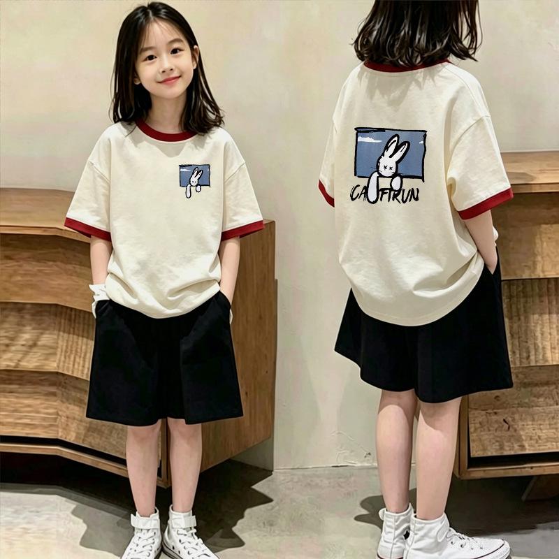 Girls' Stylish Cotton Patchwork Short-Sleeve T-shirt Set for Ages 6-15 - Summer Casual Two-Piece Set
