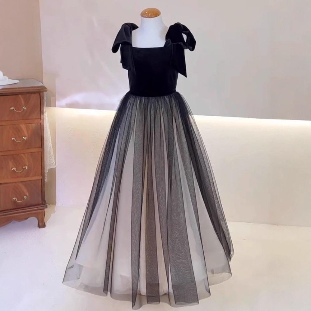 Girls' Black Mesh Formal Choir Dress - Elegant Autumn Performance Costume for Piano & Violin