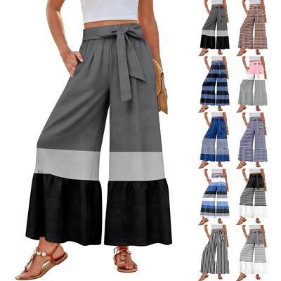 Women's Wide-Leg Casual Pants, Stretch, High Waist, Ruffled Hem, Wide Legs, Belted, And Pockets