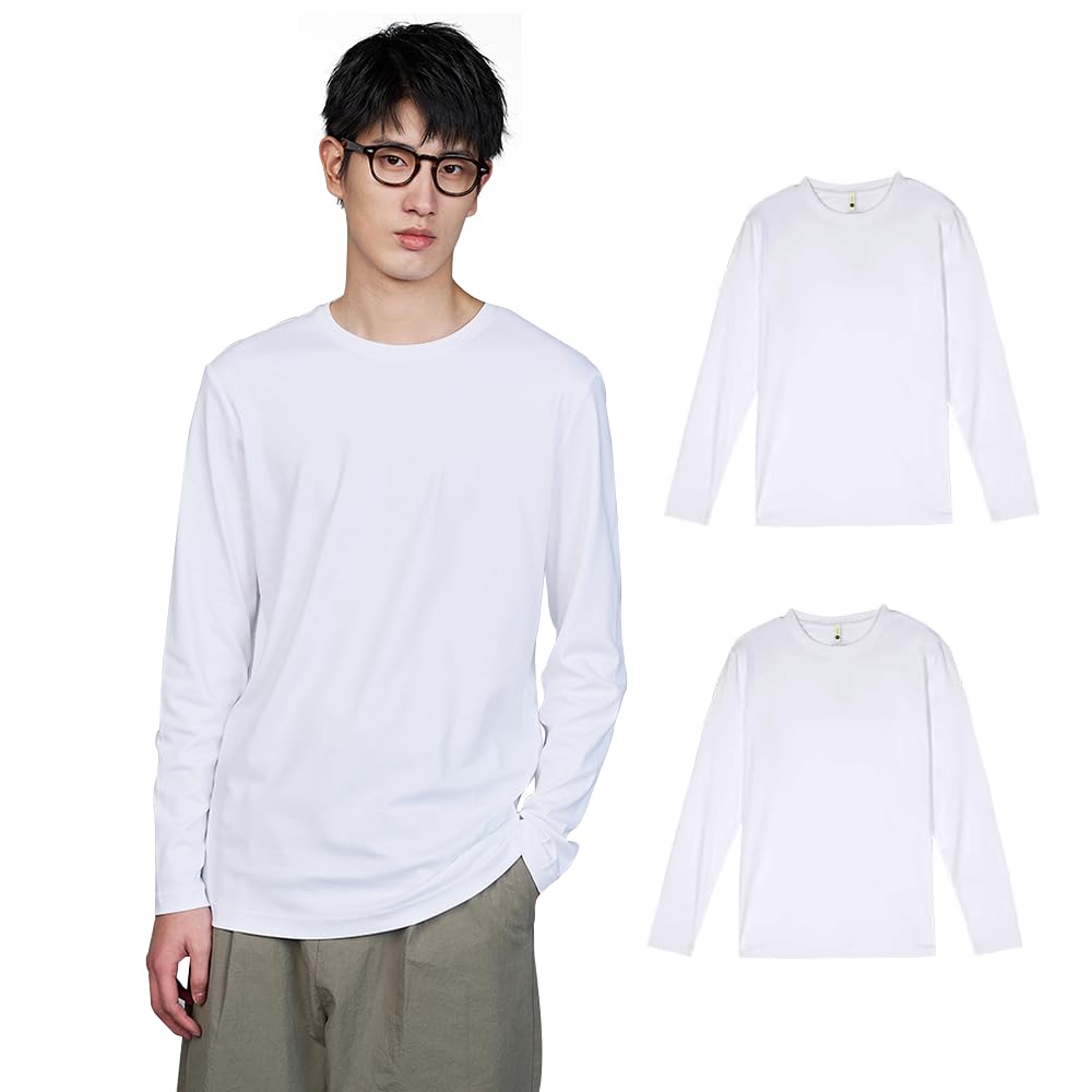 Shiki Air Cotton Long Sleeve Crew Neck Solid Stretch Crew Addictively Antibacterial and Available In White and Black Men's T-Shirt, Color, Neck,