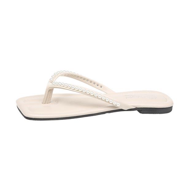 Fashion Shoes String Bead Square Toe Low Rubber Flip Flops Woman's Slippers Slides Fashion Hawaiian 2025 Luxury Summer Flat Fabric Hoof