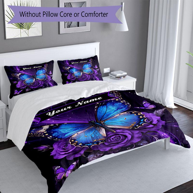 3PC Custom Name Butterfly Roses Bedding Set Duvet Cover Closure Includes 1 Duvet Cover & 2 Pillowcases for Bedroom