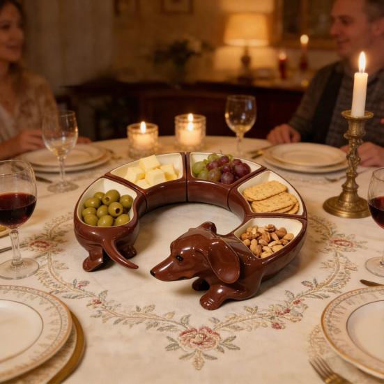 Divided Appetizer Tray Vintage Dachshund 5-Compartment Serving Tray Resin Snack Plate for Cheese Nuts Fruits Decorative Gift for Dog Lovers Hosts