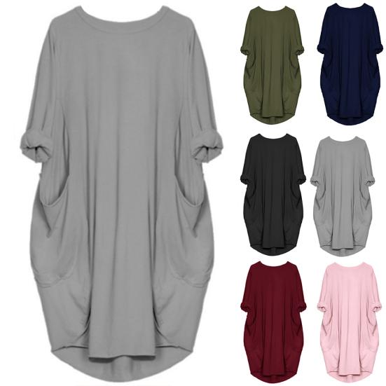 Fashion Lady Casual Solid Color Loose Round Neck Half Sleeve Pullover Midi