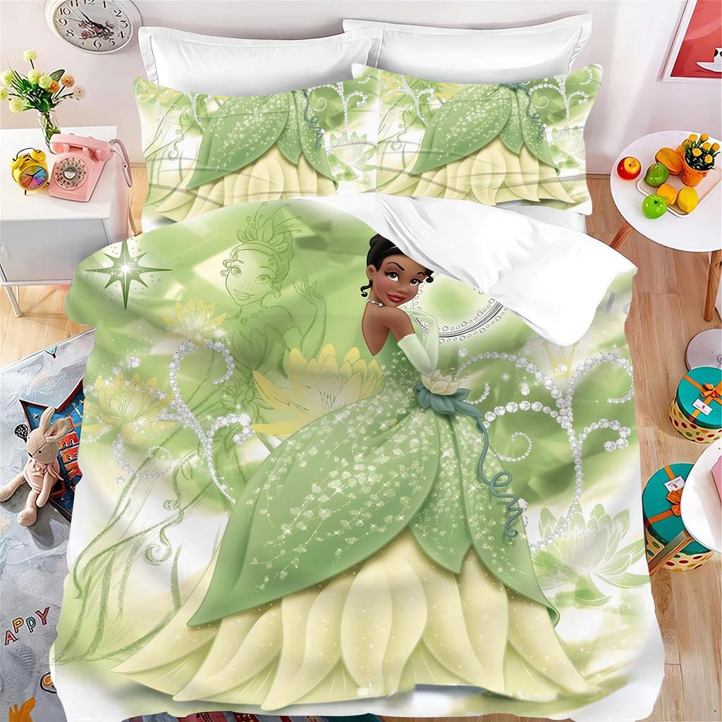 Ensemble de literie pour enfant Princesse Tiana, Ensemble de housse de couette dessin animé imprimé princesse mignon, Housse de couette édredon Cadeaux pour enfants 3 pièces
