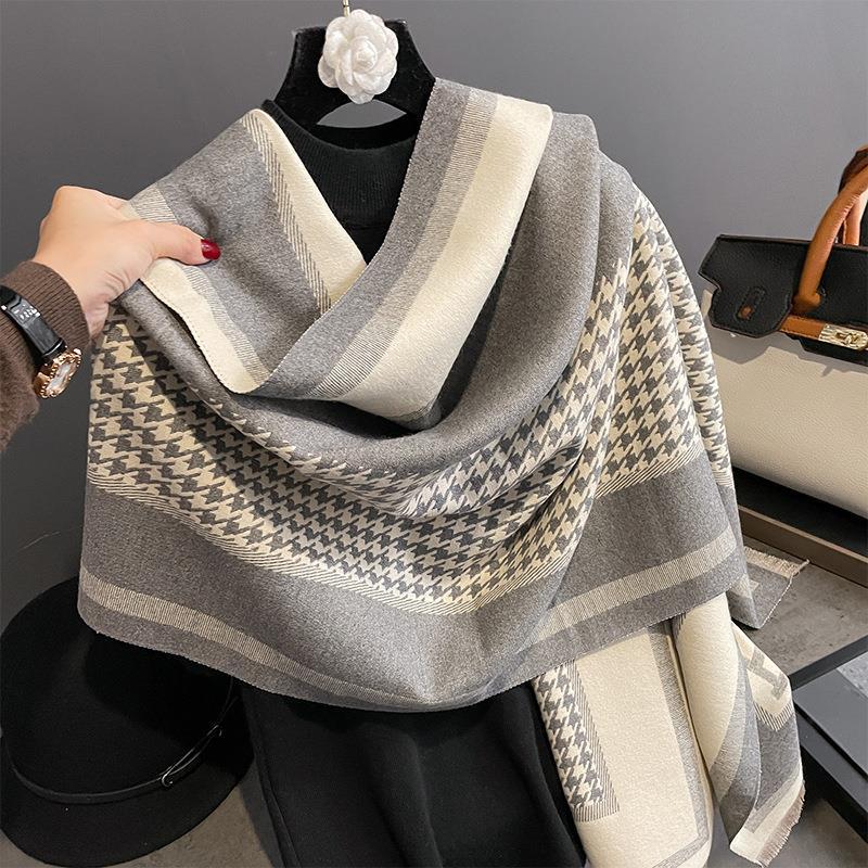 New Autumn and Winter Imitation Cashmere Scarf for Women European and American Style Iron Tower Pattern  Warm Outer Wear Multi Purpose Scarf