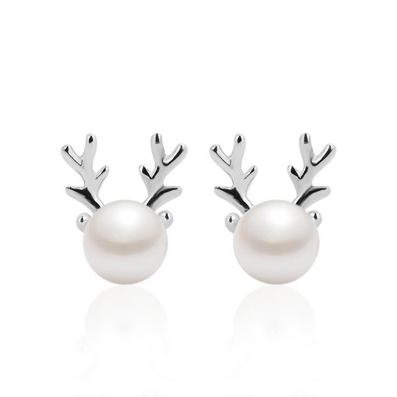 Korean Fashion S925 Sterling Silver Freshwater Pearl Antler Stud Earrings, Simple Christmas Gift for Women