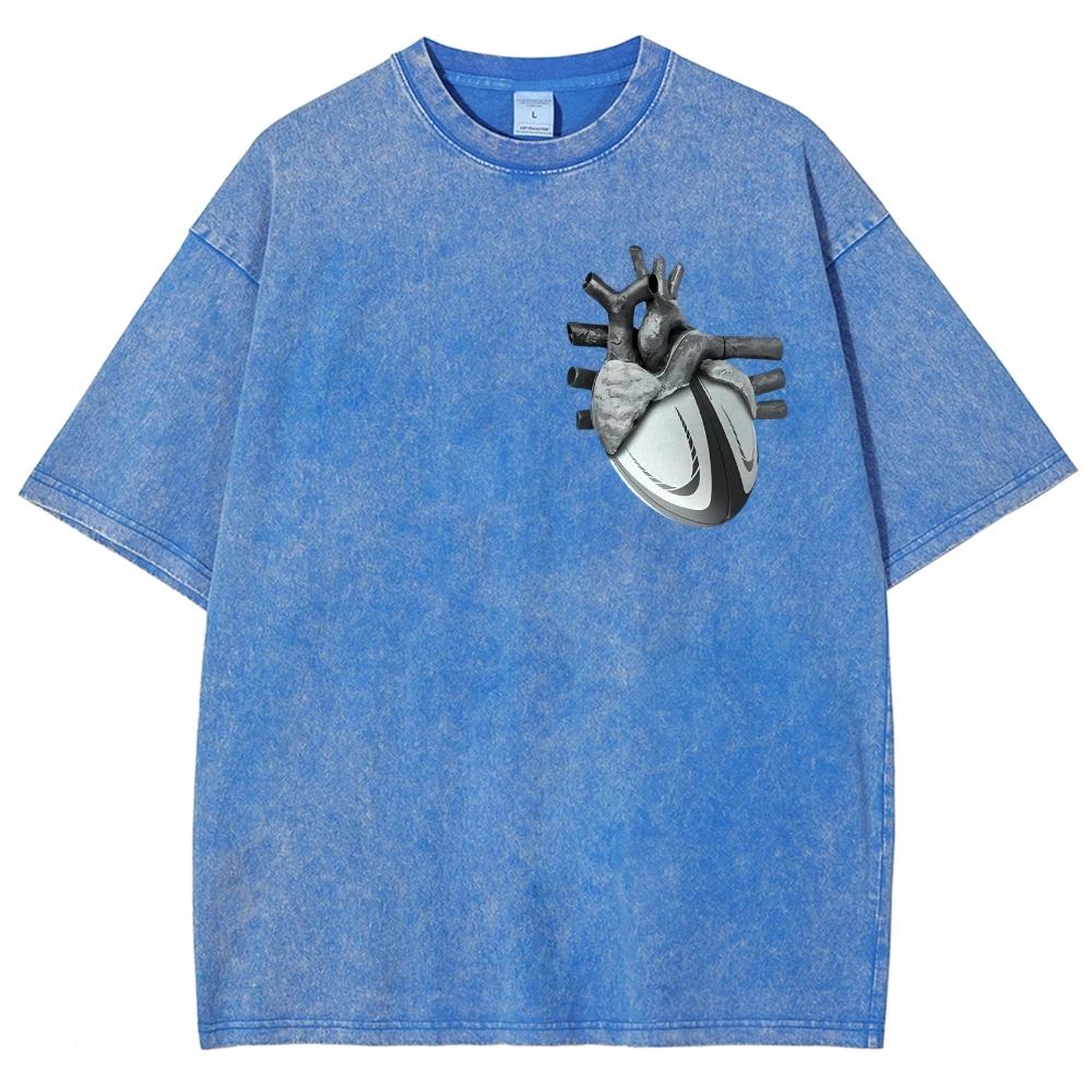 Dopasowane Prane T-shirty Serce Piłka nożna Rugby Nadrukowany Damski Męski T-shirt Bawełniany Oversize Zabawne Graficzne T-shirty dla Mężczyzn Letnie Top