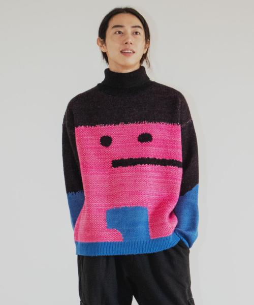 GROUNDWORK Square Man Turtleneck Knit Sweater / Black Pink Mix