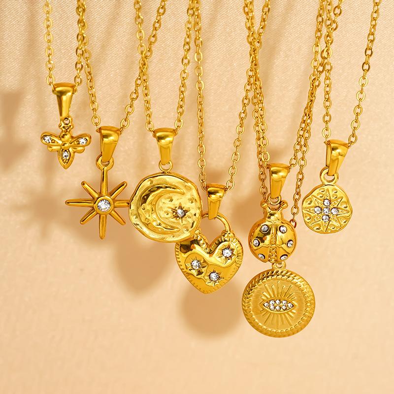 Vintage Sun Moonlight Octagon Gold Plated Stainless Steel Necklace Women'S Premium Jewelry