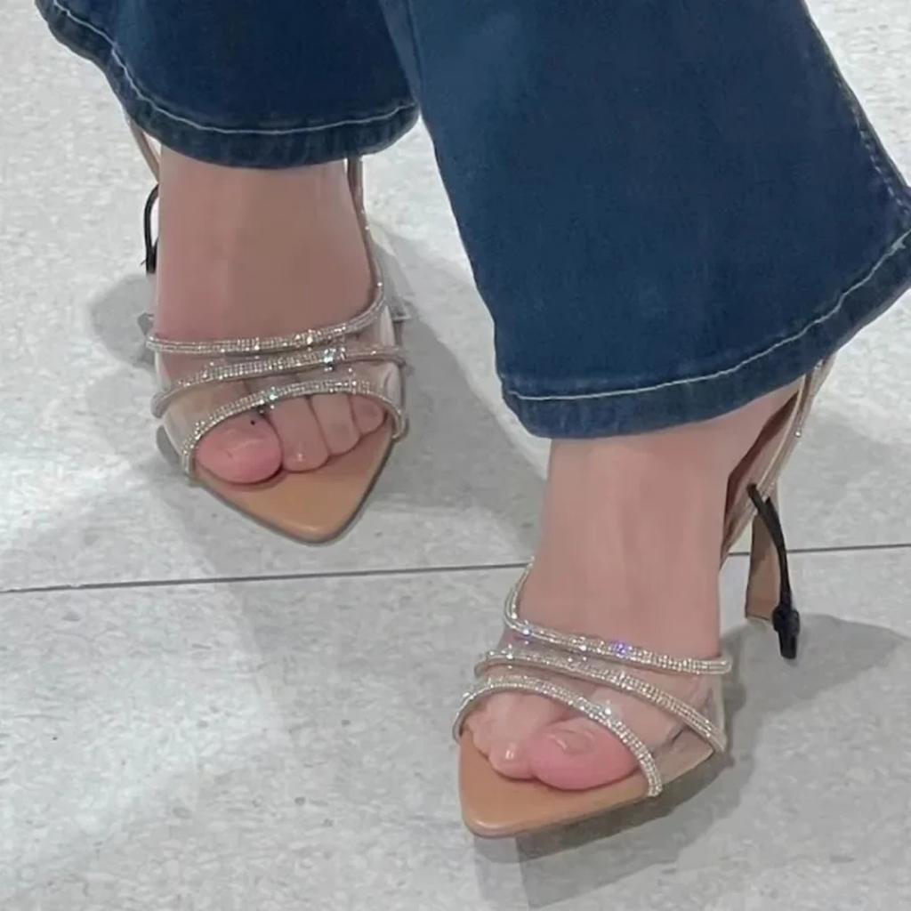 2025 New High Heels Sandals Women's Fairy Style Sexy Thin Heel Shallow Mouth Back Hollow Pointed Water Diamond Open Toe Sandals