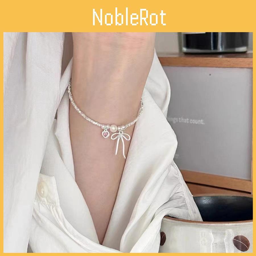 Chic Silver Bow Bracelet With Pink Heart Pendant Fresh And Graceful Summer Womens Jewelry