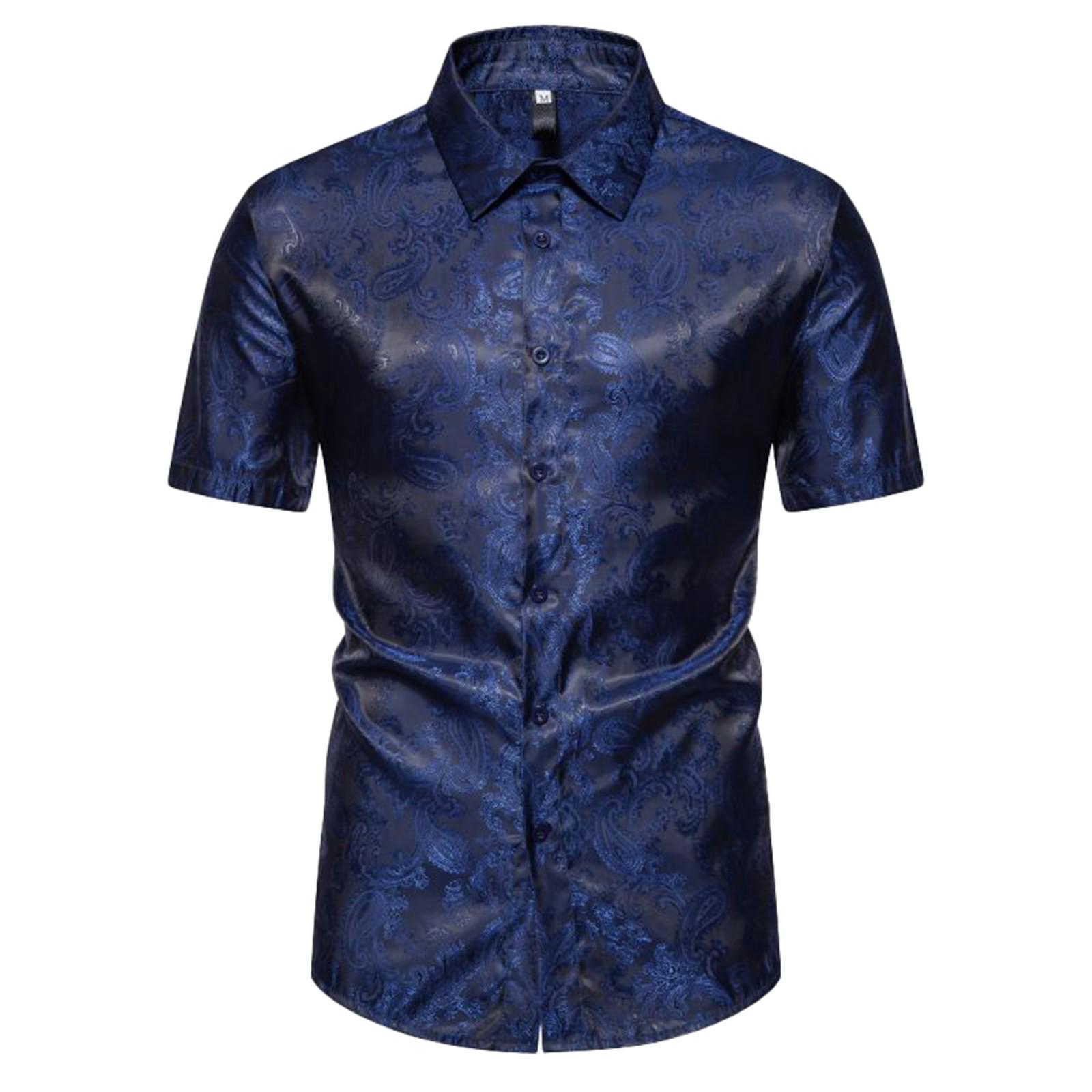 

Мужская летняя модная повседневная рубашка с коротким рукавом и принтом кешью с лацканами для мужчин XL тёмно-синий