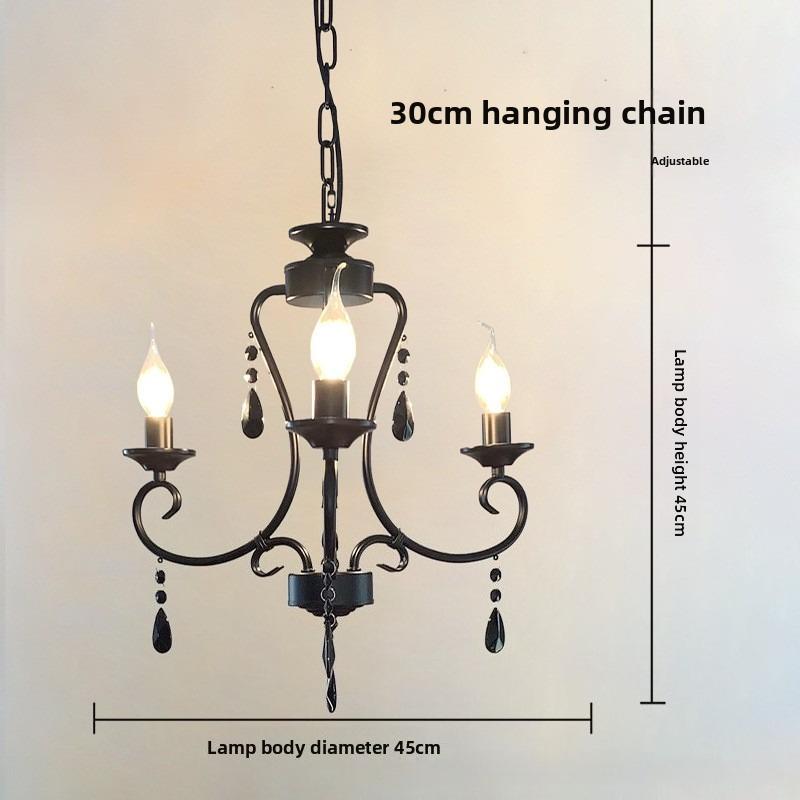 Retro Candle Pendant Light, Living Room Light, Dining Room Bedroom, Simple Rustic Style, Wrought Iron Black Crystal Lighting Fixture
