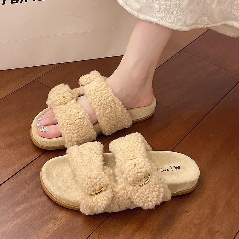New spring and autumn flat-bottomed versatile casual fluffy slippers women's fashion one-word slippers women's trendy shoes