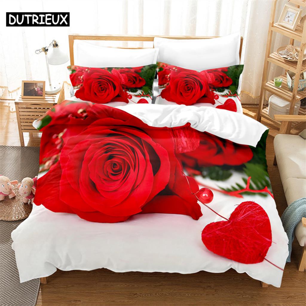 Comforter Red Rose Lovers Queen Bedding Set Girls Bedroom Bed Set Comforter Set King Size Bedding Sets