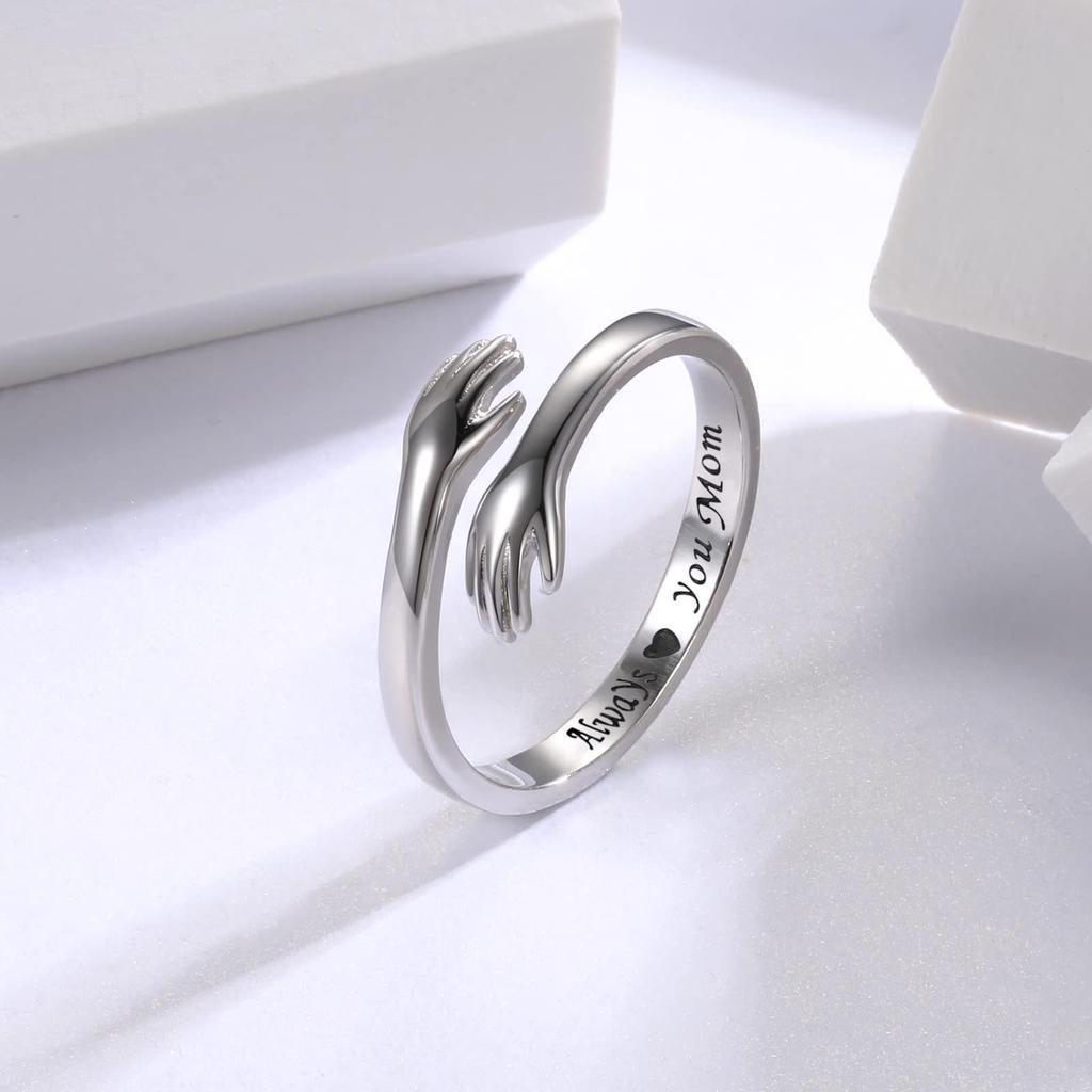 Engraved Women's Hugging Hands Ring – Fashionable European & American Style with English Letter Design