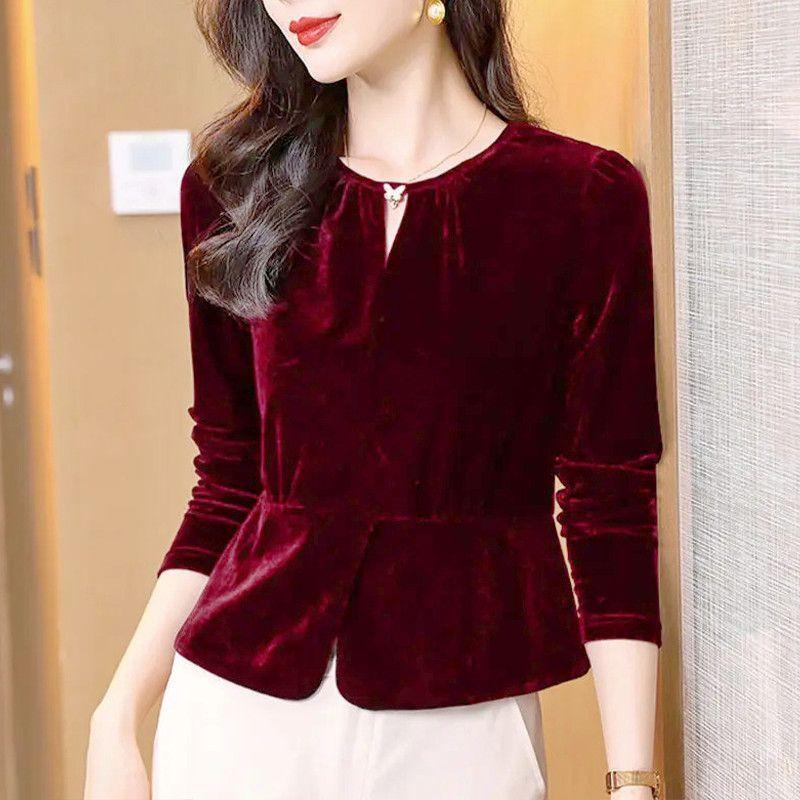 Gold Velvet Top Women Autumn Winter New Bottoming Shirt Fashionable Versatile Long-sleeved Round Neck Waisted T