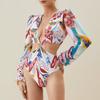 1011 European and American Swimwear New V-neck Long-sleeved Hollow Printing One-piece Swimsuit Women's Explosion 1111