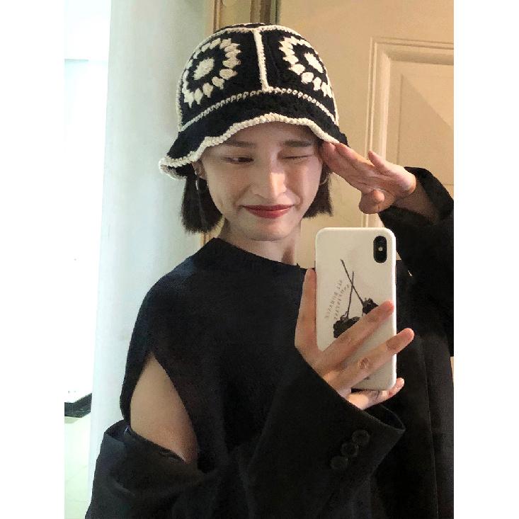 Japanese-style Sweet Hollow Floral Embroidered Knitted Hat for Women, Autumn and Winter, Warm and Versatile Woolen Fisherman Hat for Students, Trendy