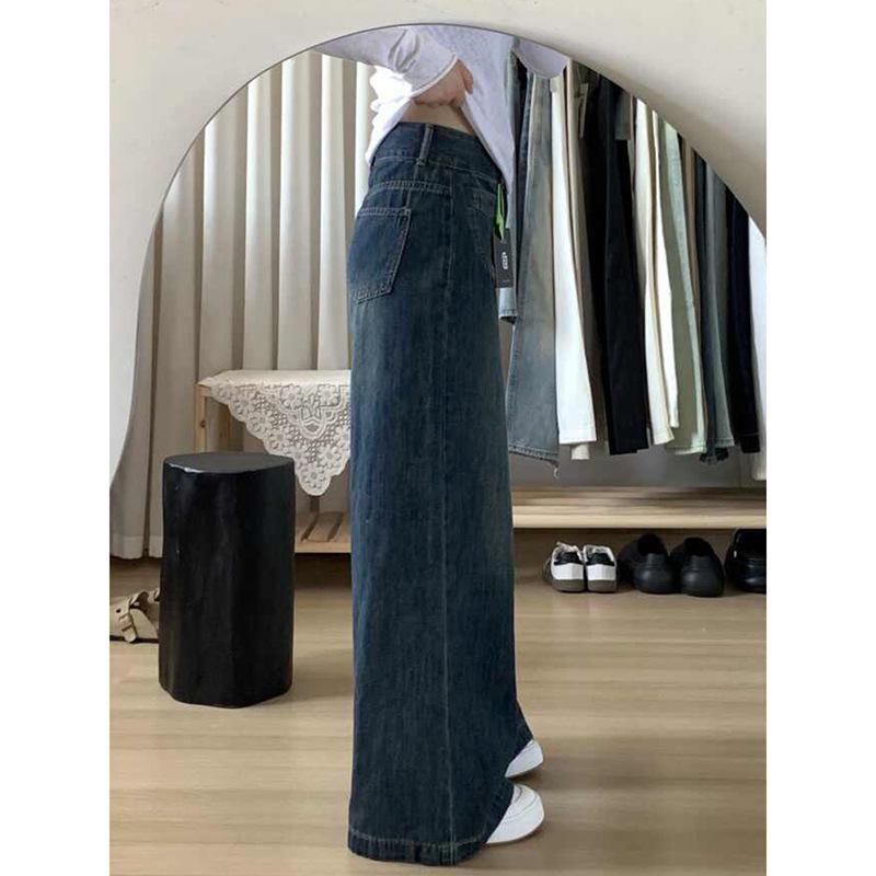 Plus Size Vintage High-Waist Straight Leg Jeans for Women - Autumn/Winter Loose Wide Leg Floor-Length Pants