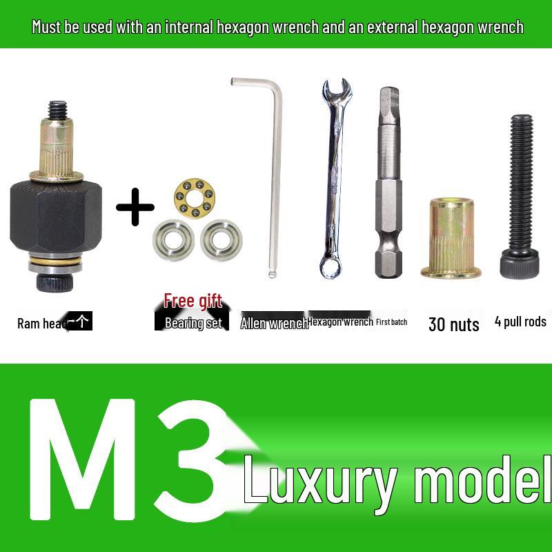 Multi-Purpose Electric Rivet Tool with Manual Wrench and Nut Head Attachment