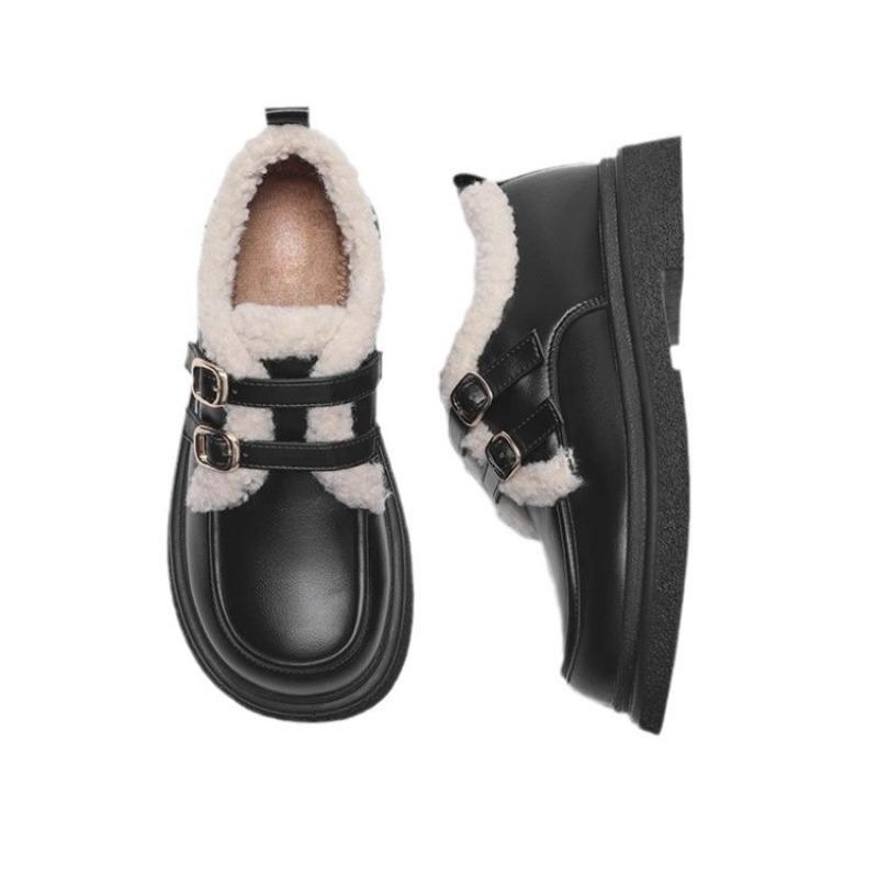 Thick-soled small leather shoes women's autumn and winter new fluffy shoes muffin velvet warm cotton shoes