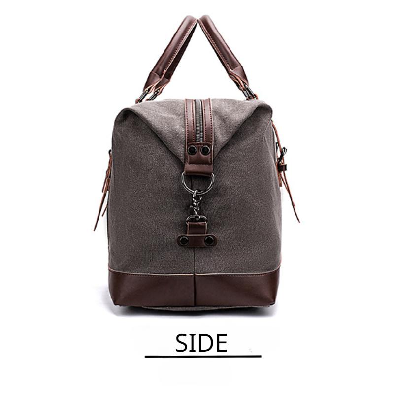 Simple Men Canvas Travel Bag PU Leather Outdoor Sports Gym Fitness Bag Large Capacity Multiple Pockets Handbag Weekend Carry On Duffel Bag