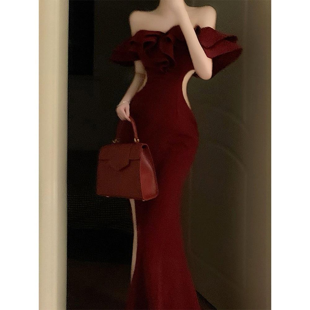 Evening Dress High-end Light Luxury Niche Toast Dress New Atmosphere Wear Red Ruffle Edge Shoulder Dress