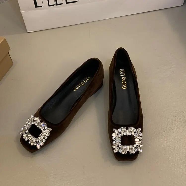 Fashion Women Square Heel Round Toe Crystal Pumps Plus Size 35-42 Black  Elegant Office Shoes For Ladies Comfortable Slip Ons 3.5cm