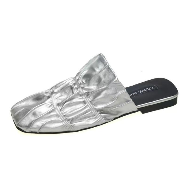 Fashion Spring New Baotou Flat Sandals for Women Fashion Square Head Deep Mouth Fold Soft Sole Anti-slip Wear-resistant Slippers