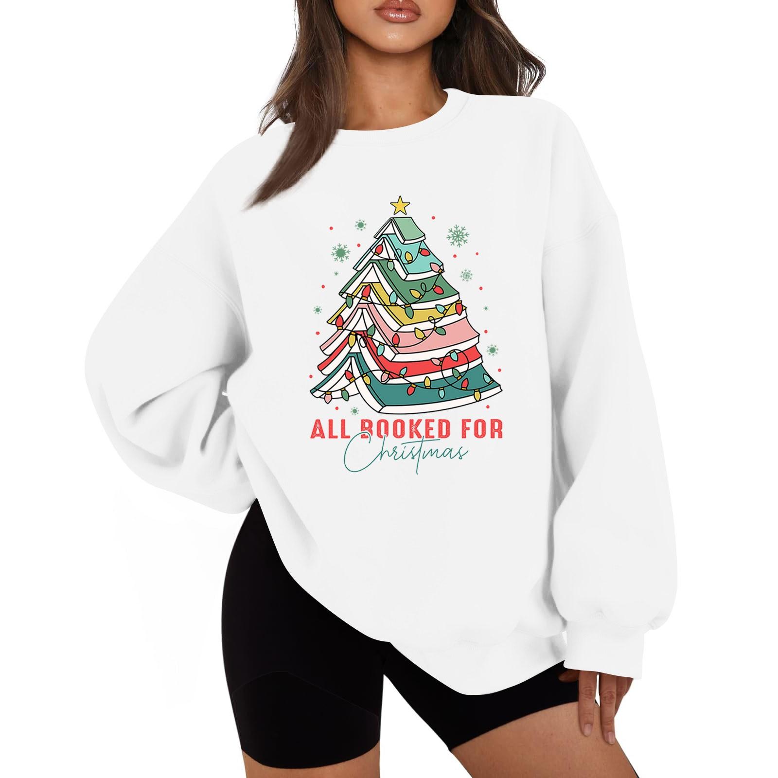 

Женская повседневная модная толстовка с длинным рукавом и рождественским принтом с круглым вырезом XL белый